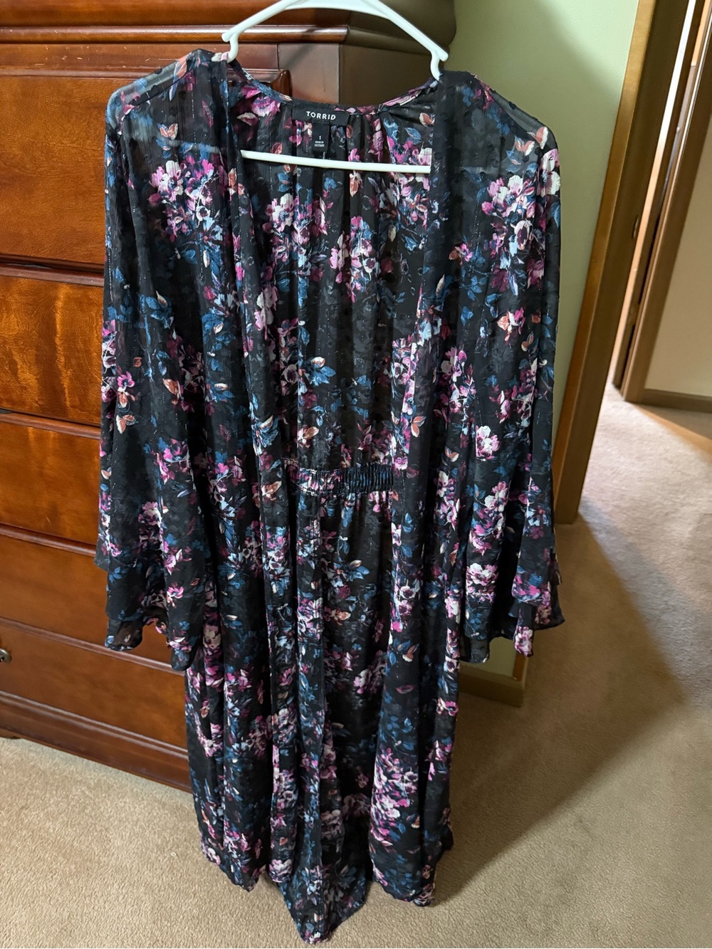 Torrid Black Floral Kimono with Pink & Blue Blooms